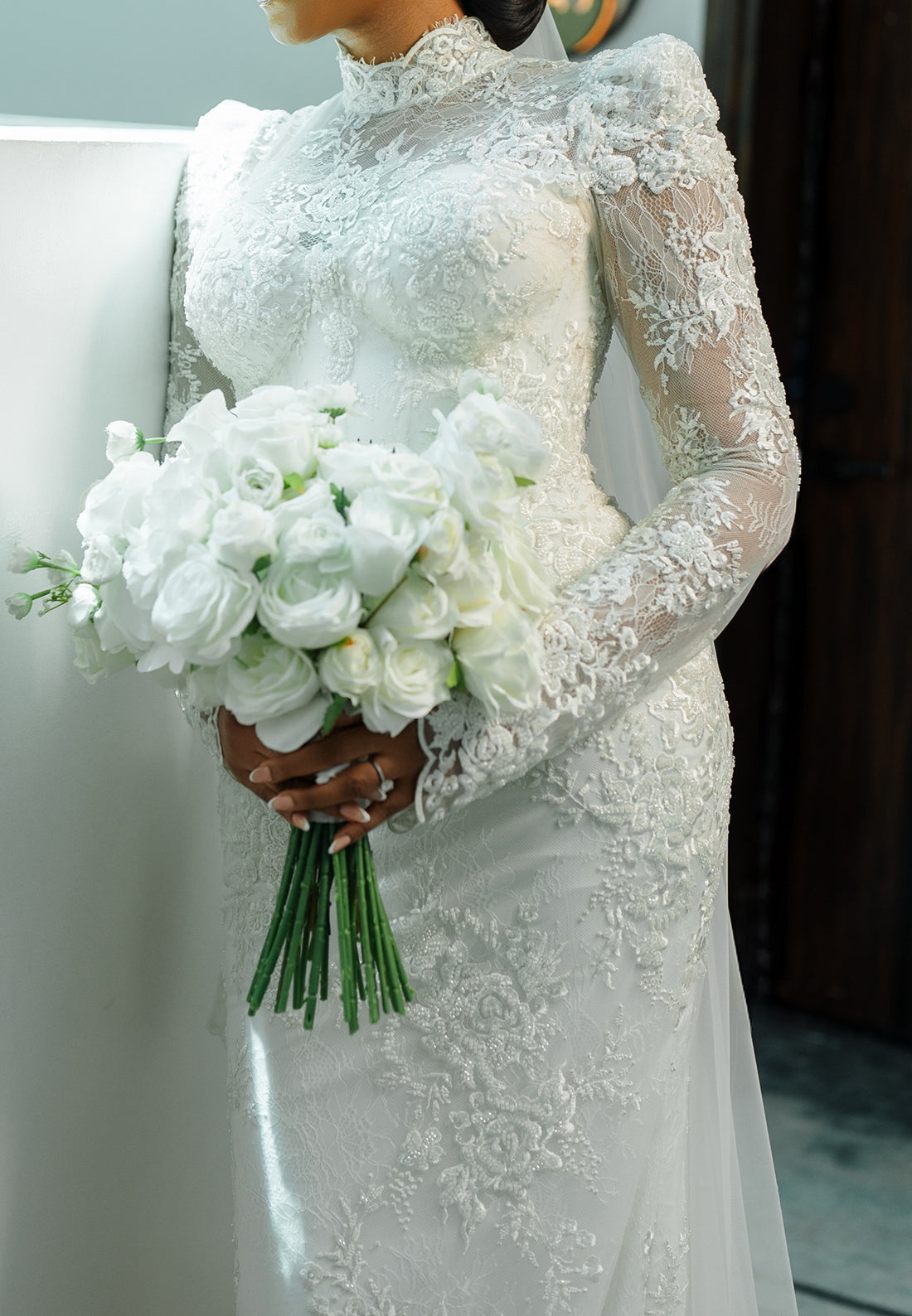 High-Neck Lace Mermaid Wedding Dress with Long Sleeves