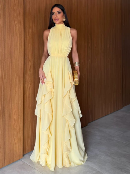 High-Neck Ruffle Backless Chiffon Maxi Dress