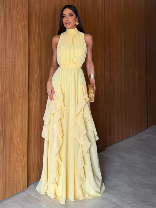 High-Neck Ruffle Backless Chiffon Maxi Dress