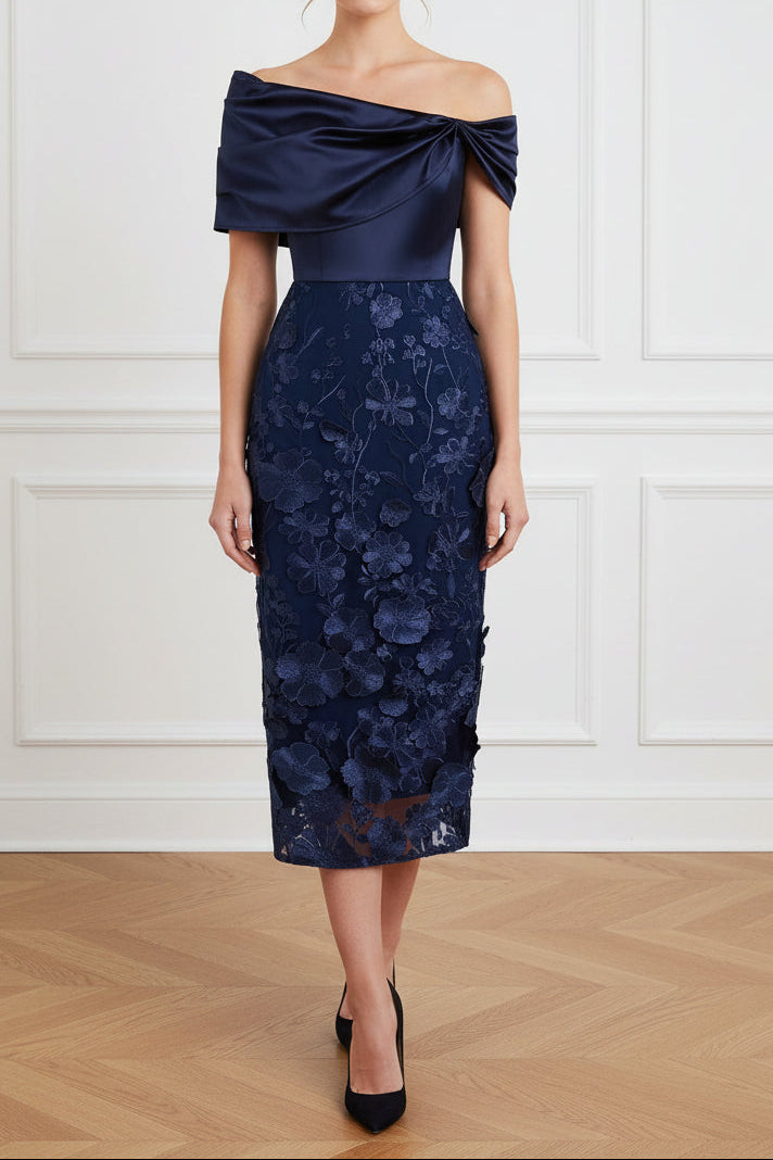 Off-Shoulder Floral Applique Midi Dress