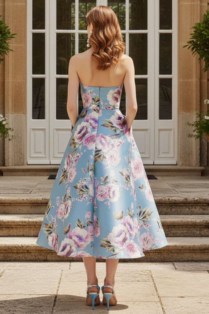 Strapless Floral Pleated Tea-Length Dress