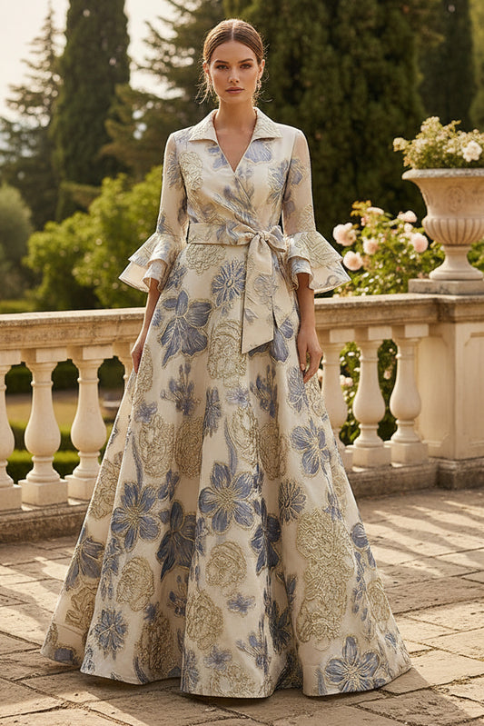 Elegant Jacquard A-Line Evening Gown with 3/4 Bell Sleeves