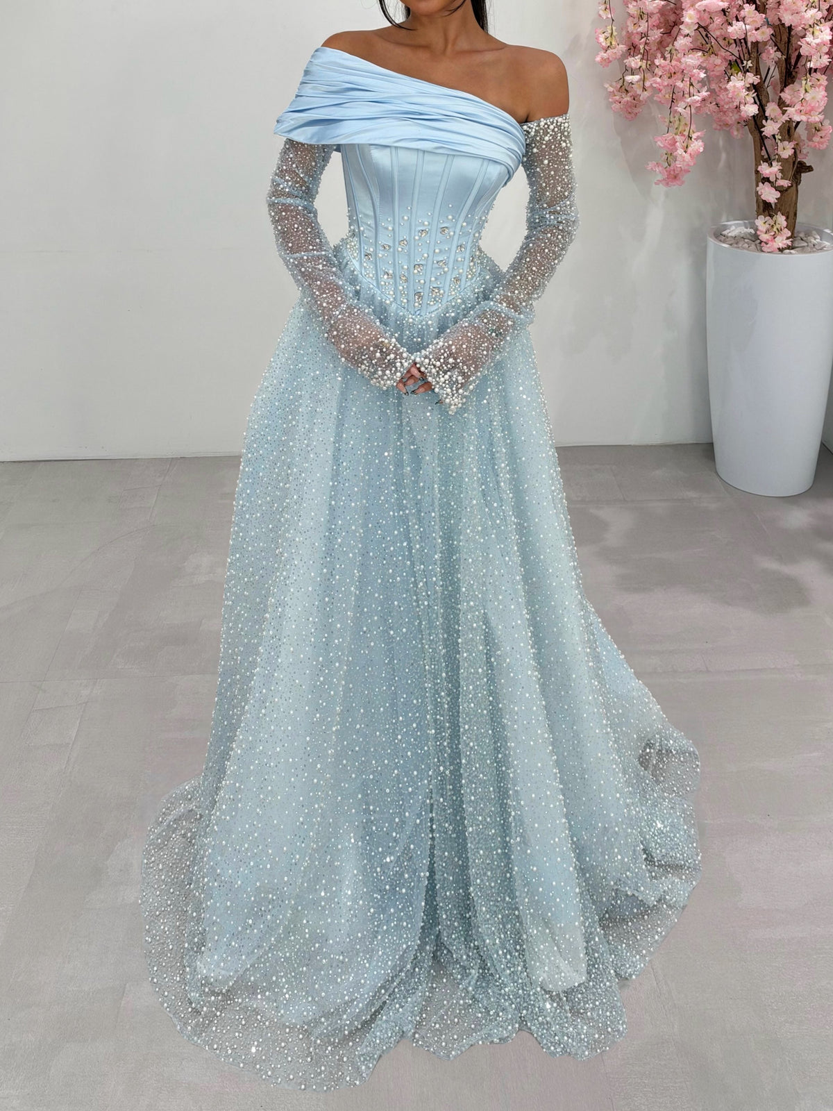 Corset Evening Gown with Beaded Sleeves and Skirt