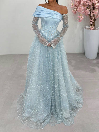 Corset Evening Gown with Beaded Sleeves and Skirt
