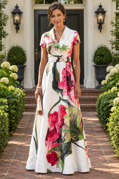 Floral Wrap A-Line Maxi Dress with Collar