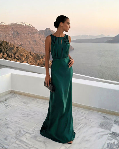 Sleeveless Keyhole Satin Maxi Evening Dress