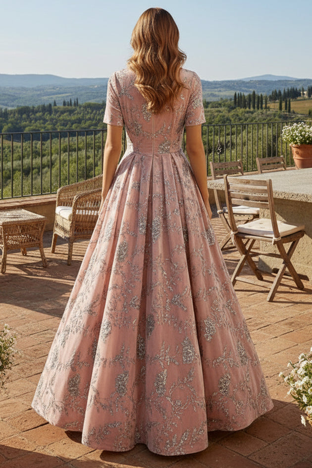 Sequined Velvet A-Line Maxi Dress with Short Sleeves