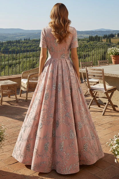 Sequined Velvet A-Line Maxi Dress with Short Sleeves