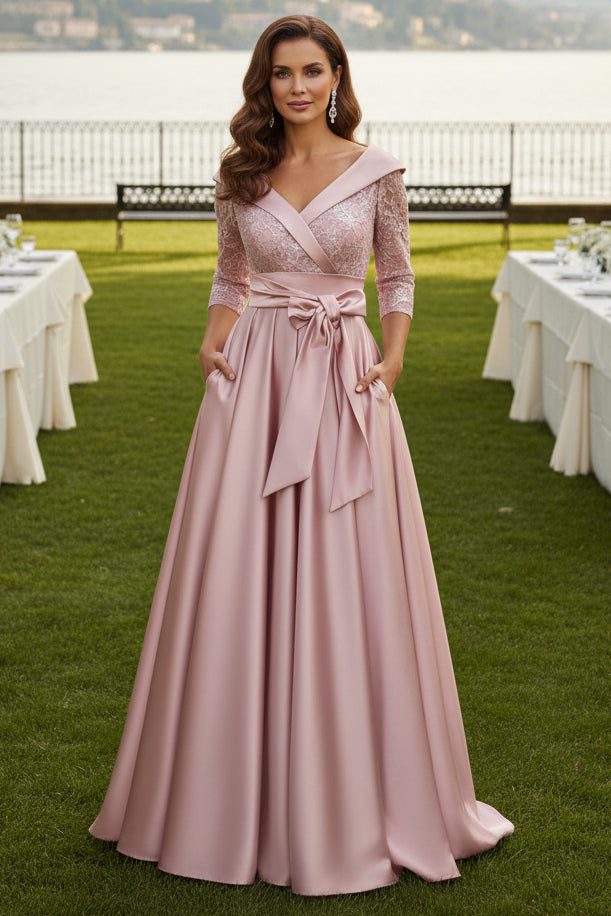 A-Line Lace and Satin Evening Gown with Pockets