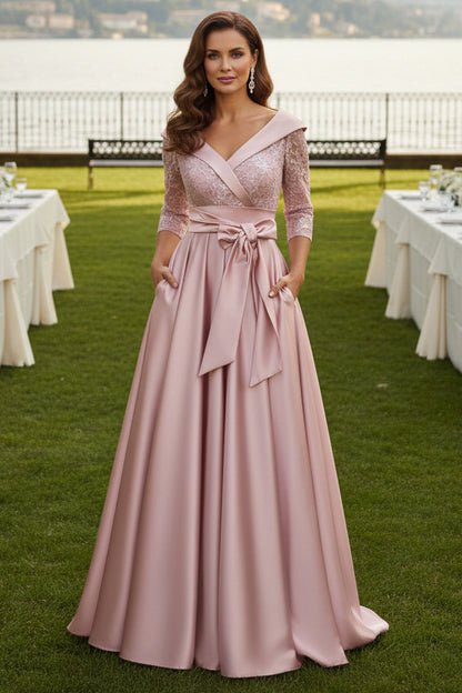 A-Line Lace and Satin Evening Gown with Pockets