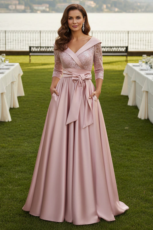 A-Line Lace and Satin Evening Gown with Pockets