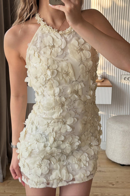 3D Floral Applique Halter Mini Dress