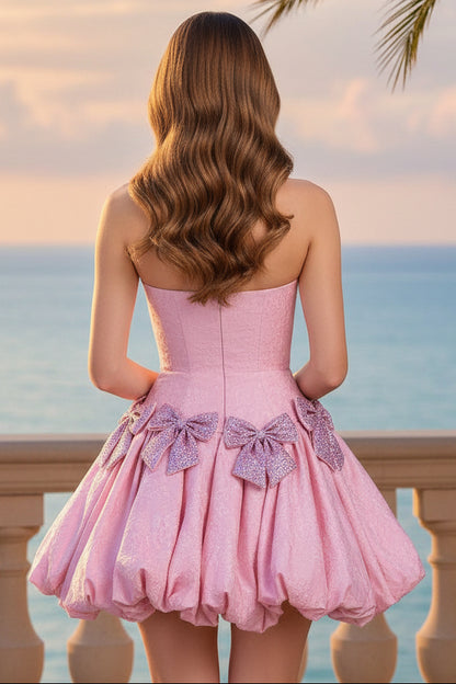Strapless Bubble Skirt Mini Dress with Crystal Bows