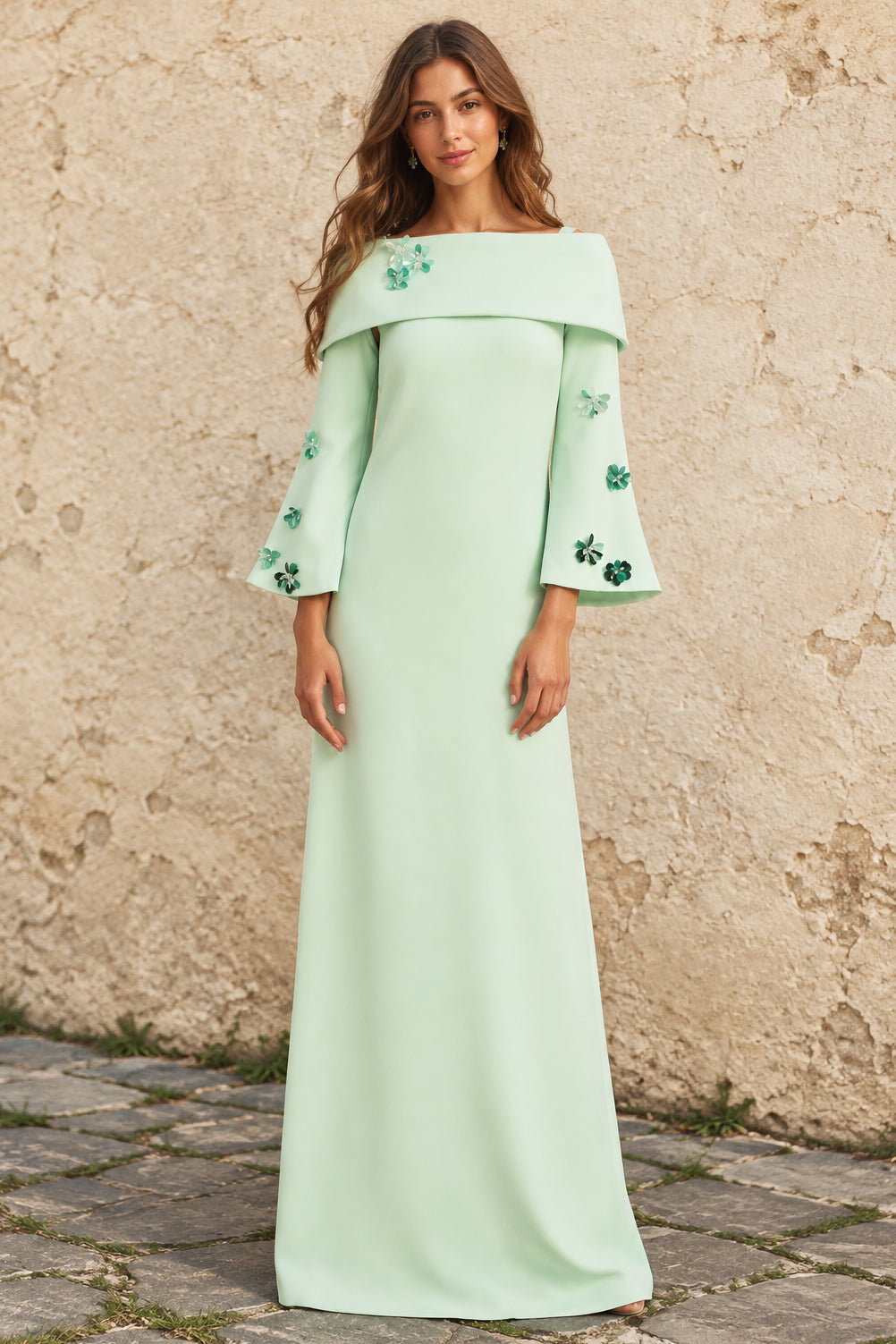 Foldover Off-the-Shoulder Floral Gown