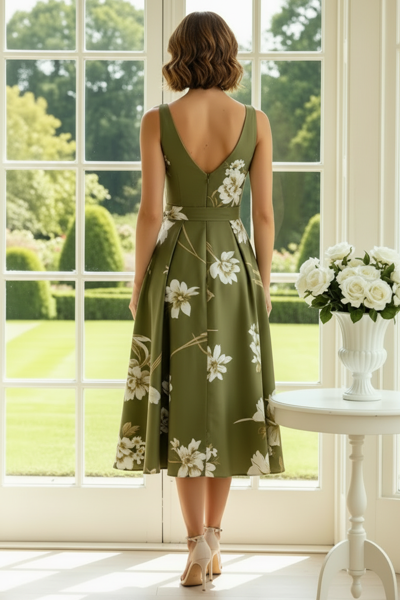Elegant Floral V-Neck Midi A-Line Dress