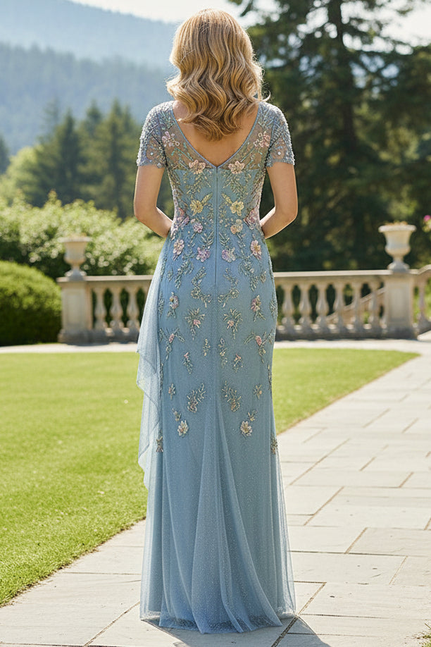 Embroidered V-Neck Short Sleeve Evening Gown
