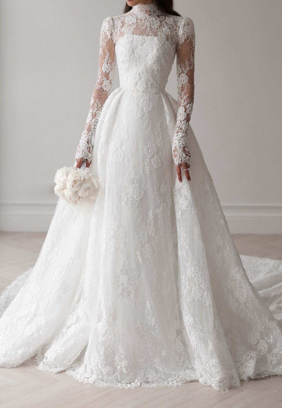 High-Neck Lace Long-Sleeve Ball Gown Wedding Dress