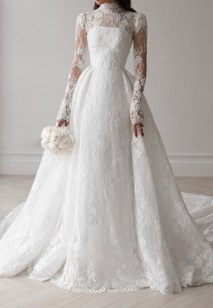 High-Neck Lace Long-Sleeve Ball Gown Wedding Dress