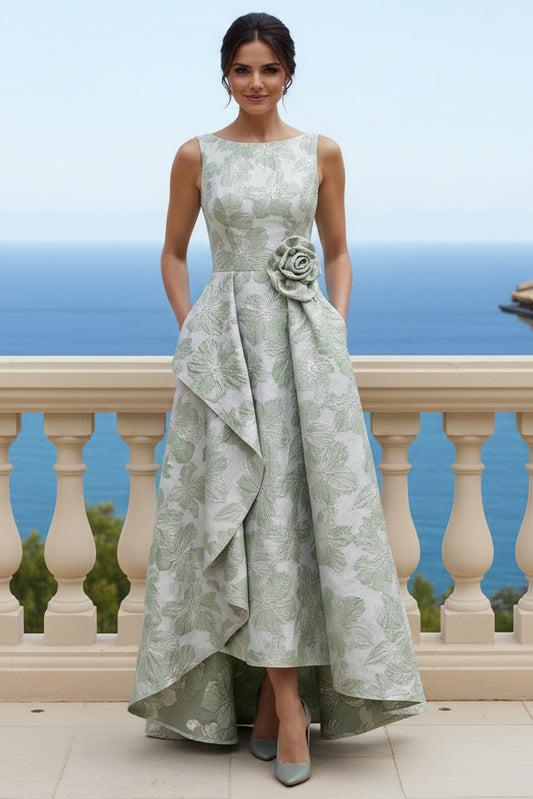 Floral Jacquard High-Low Evening Gown