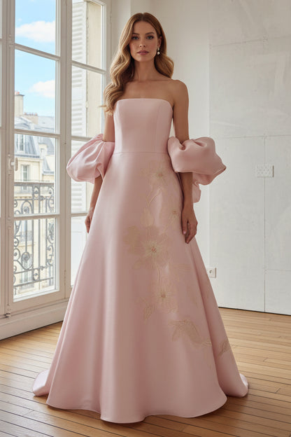 Embroidered Strapless A-Line Gown with Statement Bow