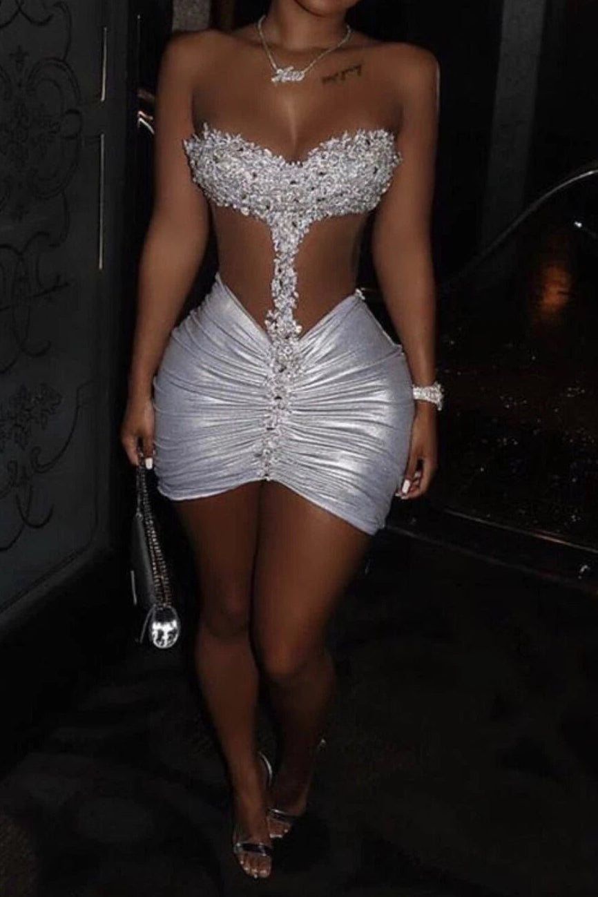 Crystal Embellished Cut-Out Ruched Bodycon Mini Dress