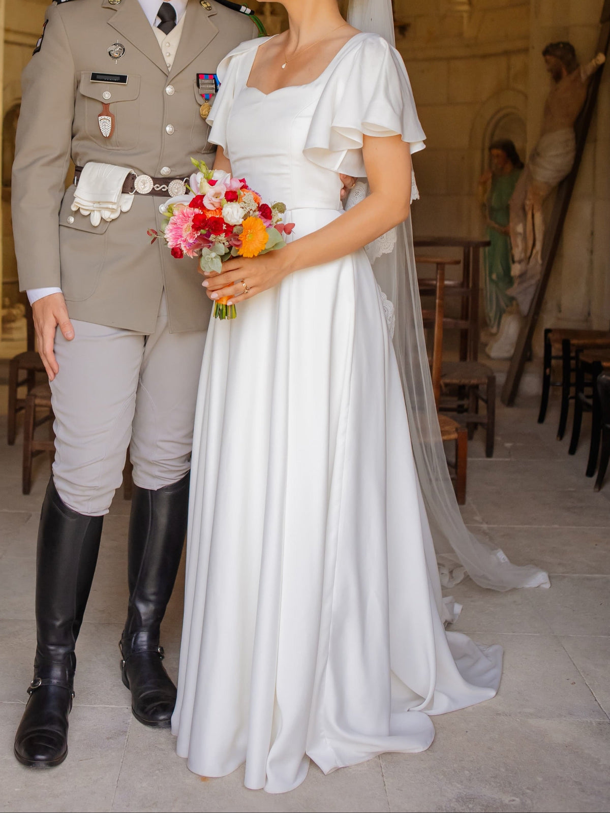 A-Line Bridal Gown with Flutter Sleeves & Lace
