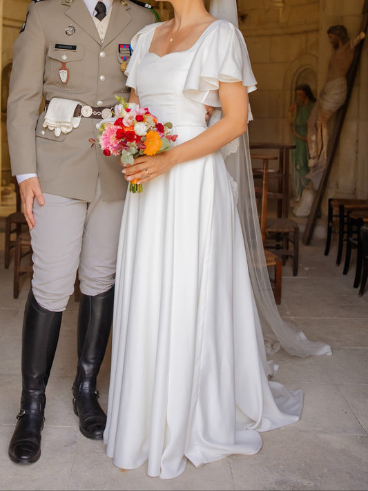 A-Line Bridal Gown with Flutter Sleeves & Lace