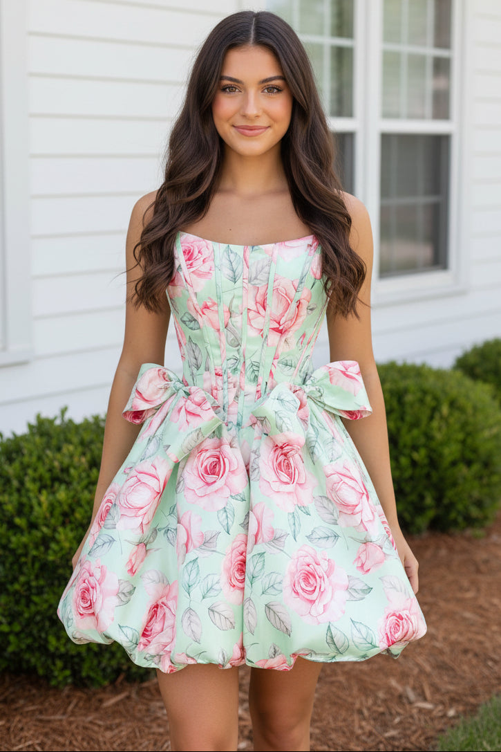 Floral Print Strapless Corset Bubble Mini Dress