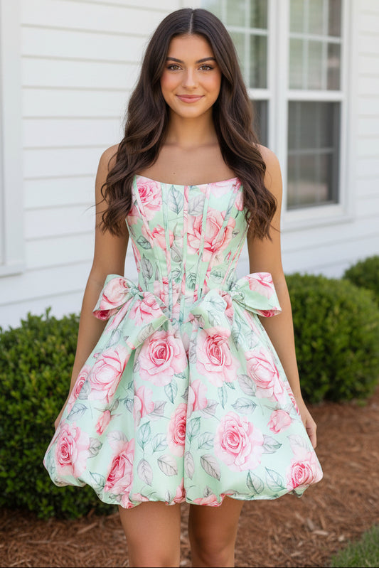 Floral Print Strapless Corset Bubble Mini Dress