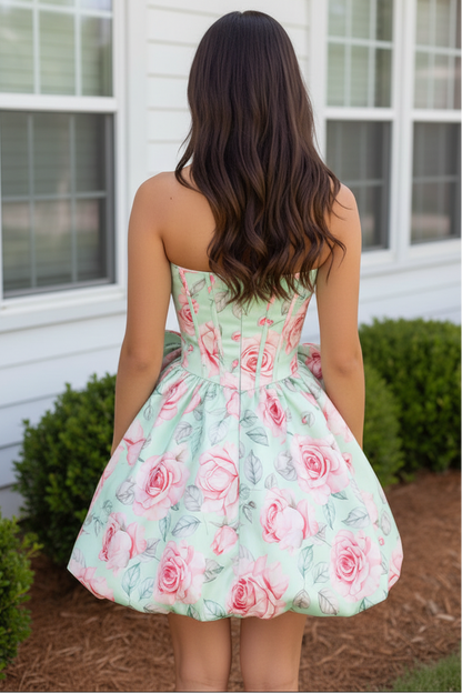 Floral Print Strapless Corset Bubble Mini Dress