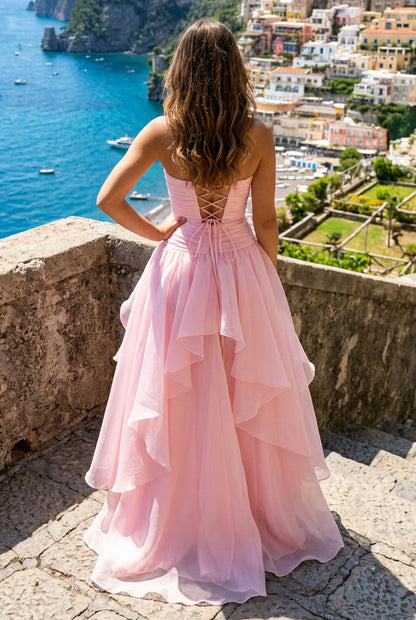 Strapless Ruched Tiered Gown with Slit