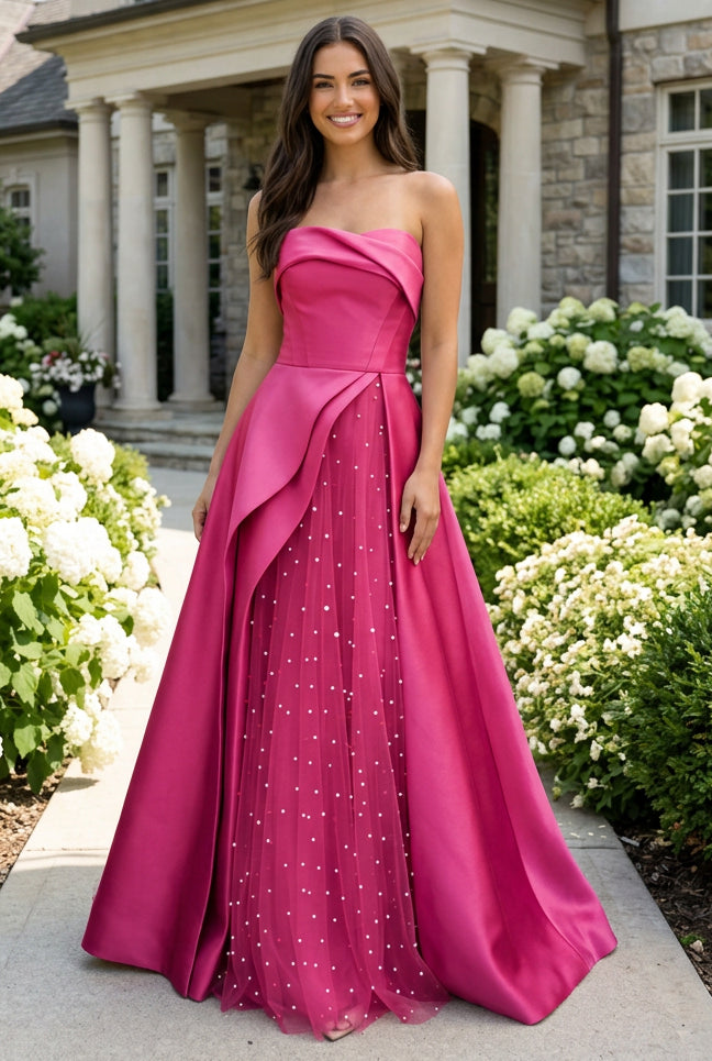 Strapless Satin Ball Gown with Pearl Tulle Split