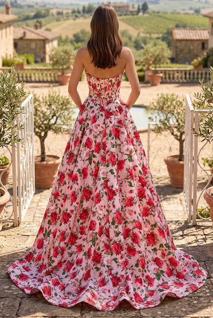Strapless Floral Print Ball Gown with Slit