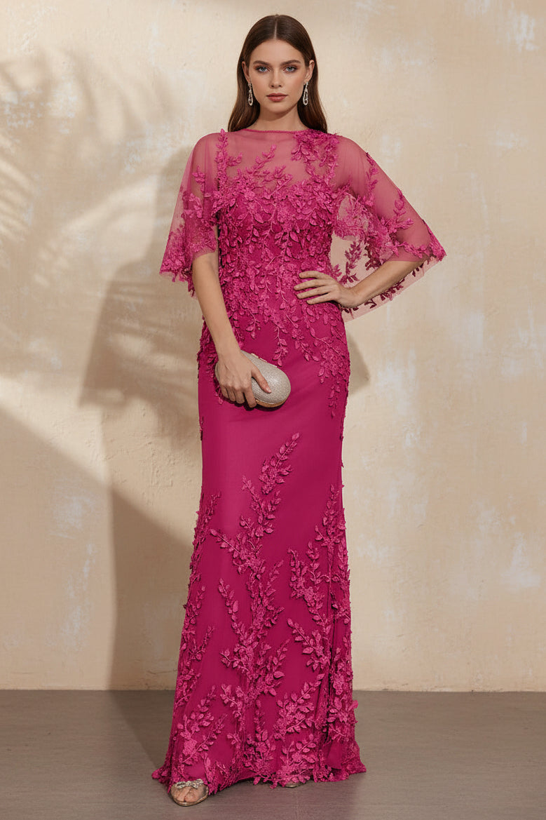 Embroidered Lace Column Evening Dress with Cape