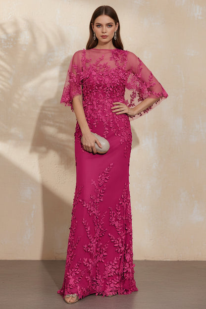 Embroidered Lace Column Evening Dress with Cape