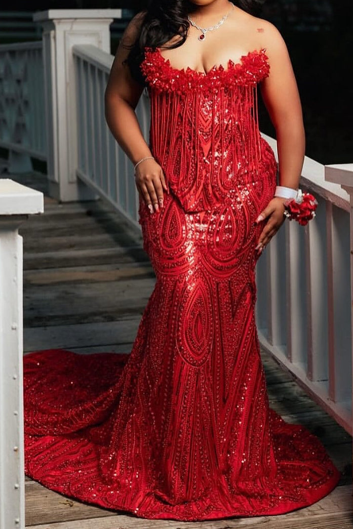 Fringed Sequin Corset Mermaid Gown with Train