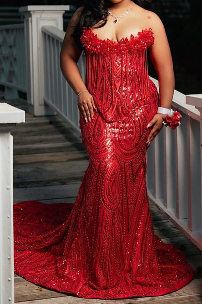 Fringed Sequin Corset Mermaid Gown with Train
