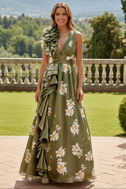 Floral Print Ruffle Satin A-Line Evening Gown