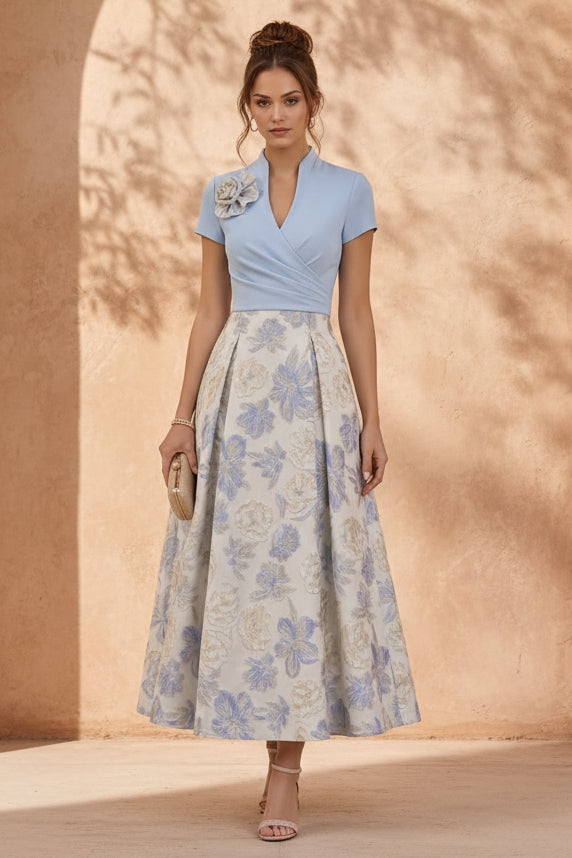 Mock Two-Piece Jacquard A-Line Midi Dress