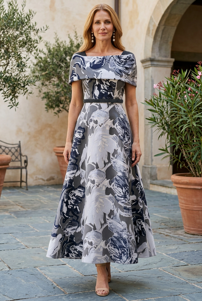 Floral Ankle-Length A-Line Dress with Bow
