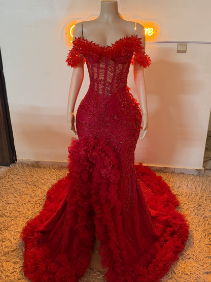 Off-the-Shoulder Beaded Corset Gown with Ruffle Train