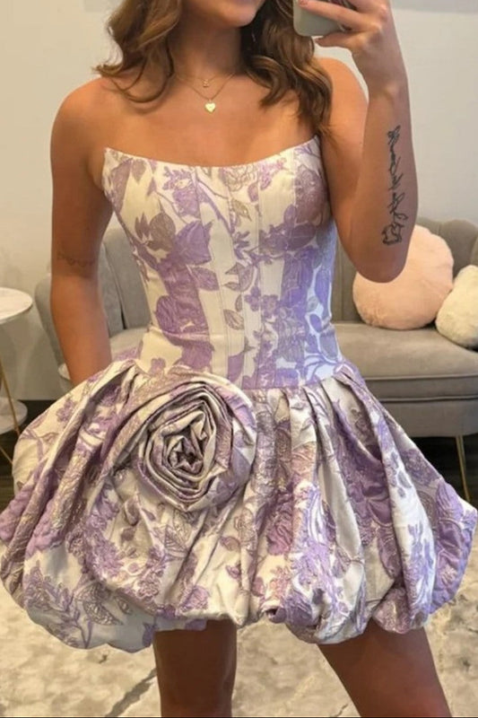 Strapless Floral Jacquard Corset Bubble Mini Dress