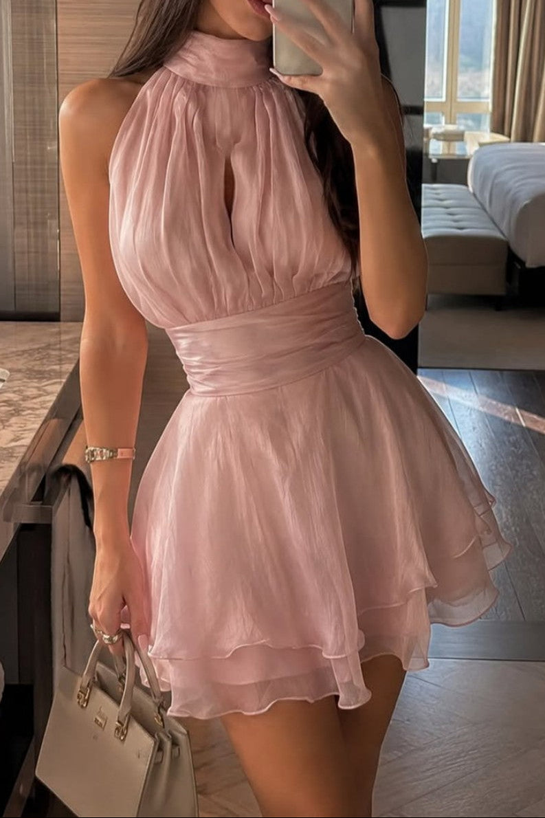 Halter Keyhole Pleated Fit and Flare Mini Dress