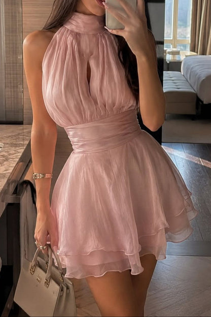 Halter Keyhole Pleated Fit and Flare Mini Dress