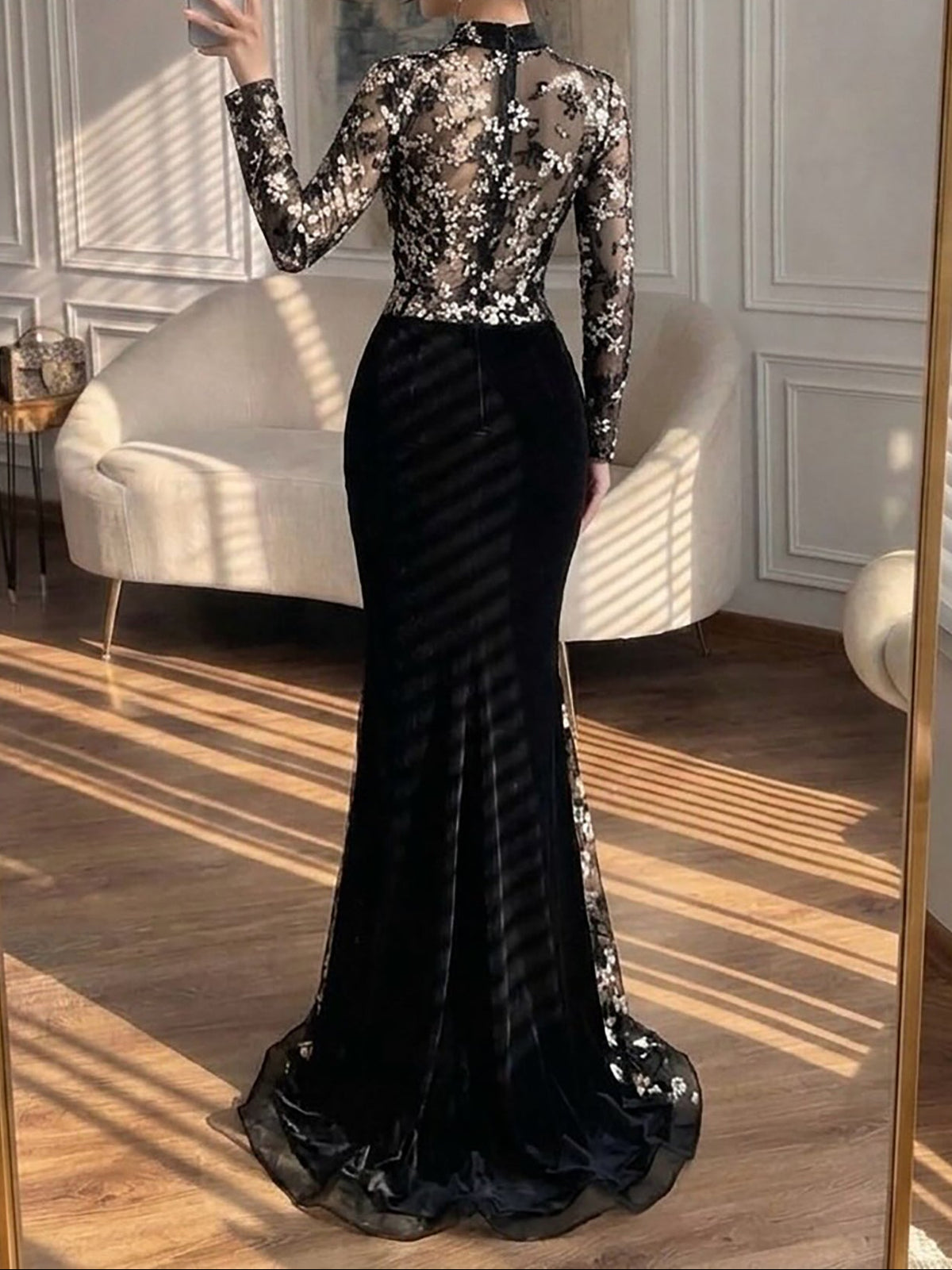 High Neck Floral Embroidered Velvet Mermaid Gown