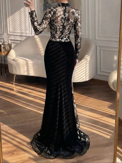High Neck Floral Embroidered Velvet Mermaid Gown