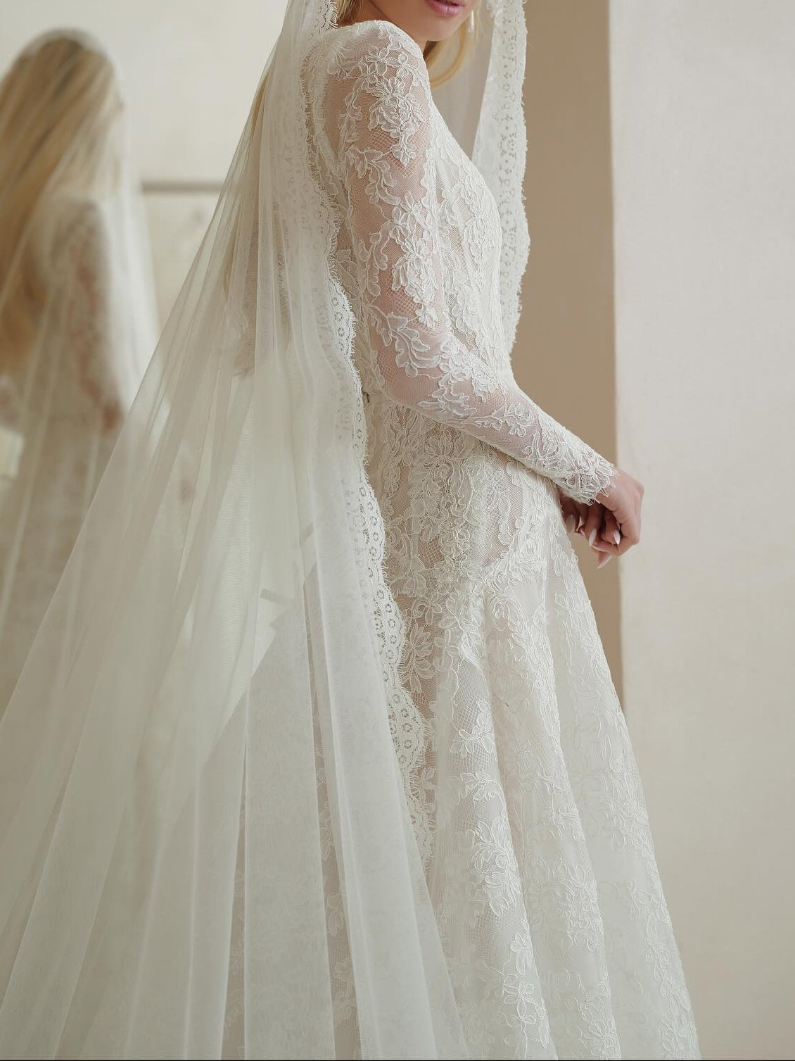 Lace Long Sleeve A-Line Wedding Dress with Bow Back