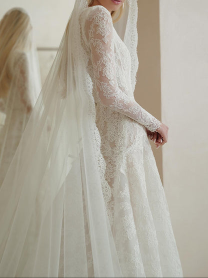 Lace Long Sleeve A-Line Wedding Dress with Bow Back