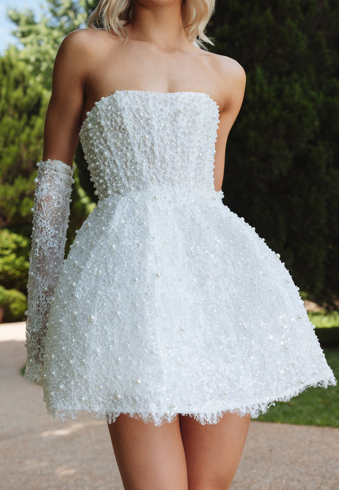Strapless Pearl Beaded Lace Mini Dress