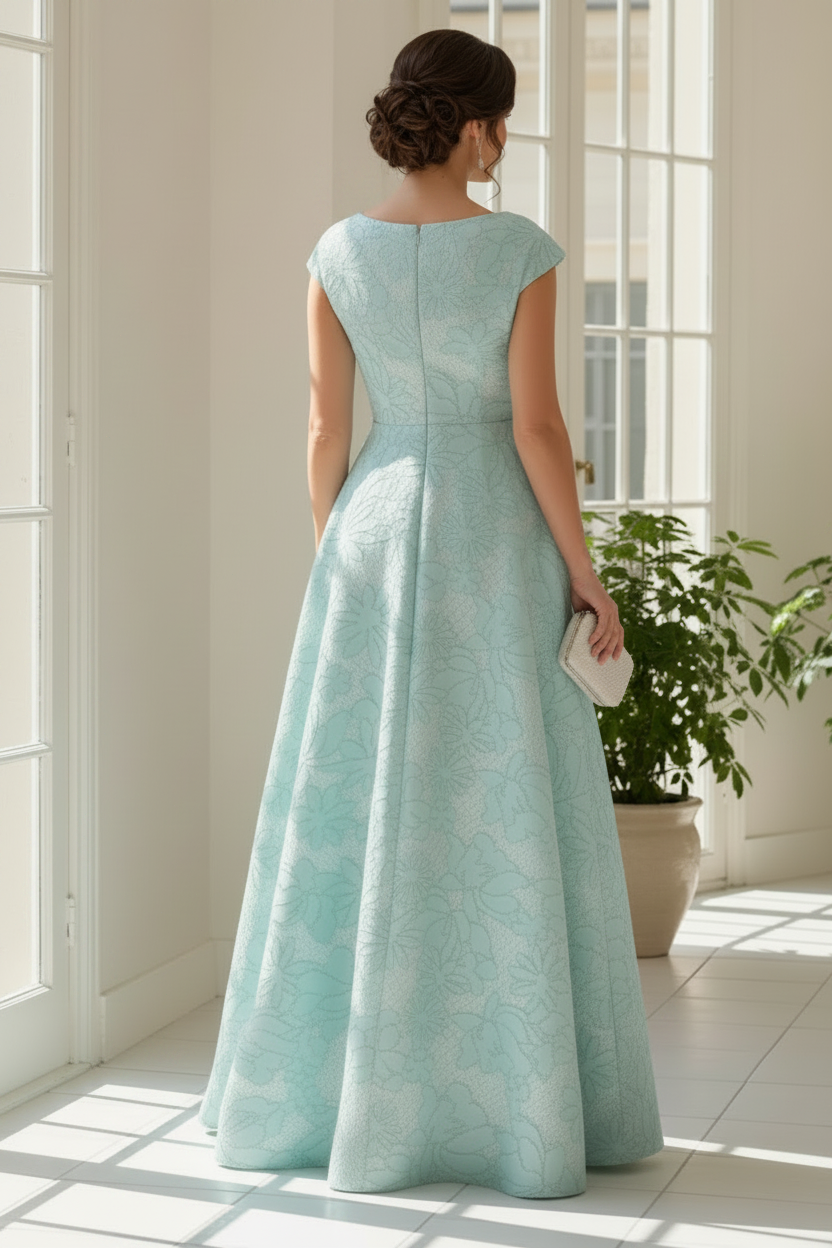 Jacquard Cap Sleeve A-Line Evening Dress